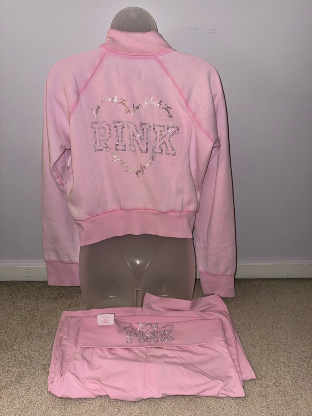 PINK x LoveShackFancy Reissued Full-Zip Cotton Foldover Flare Leggings Set M - Picture 6 of 10